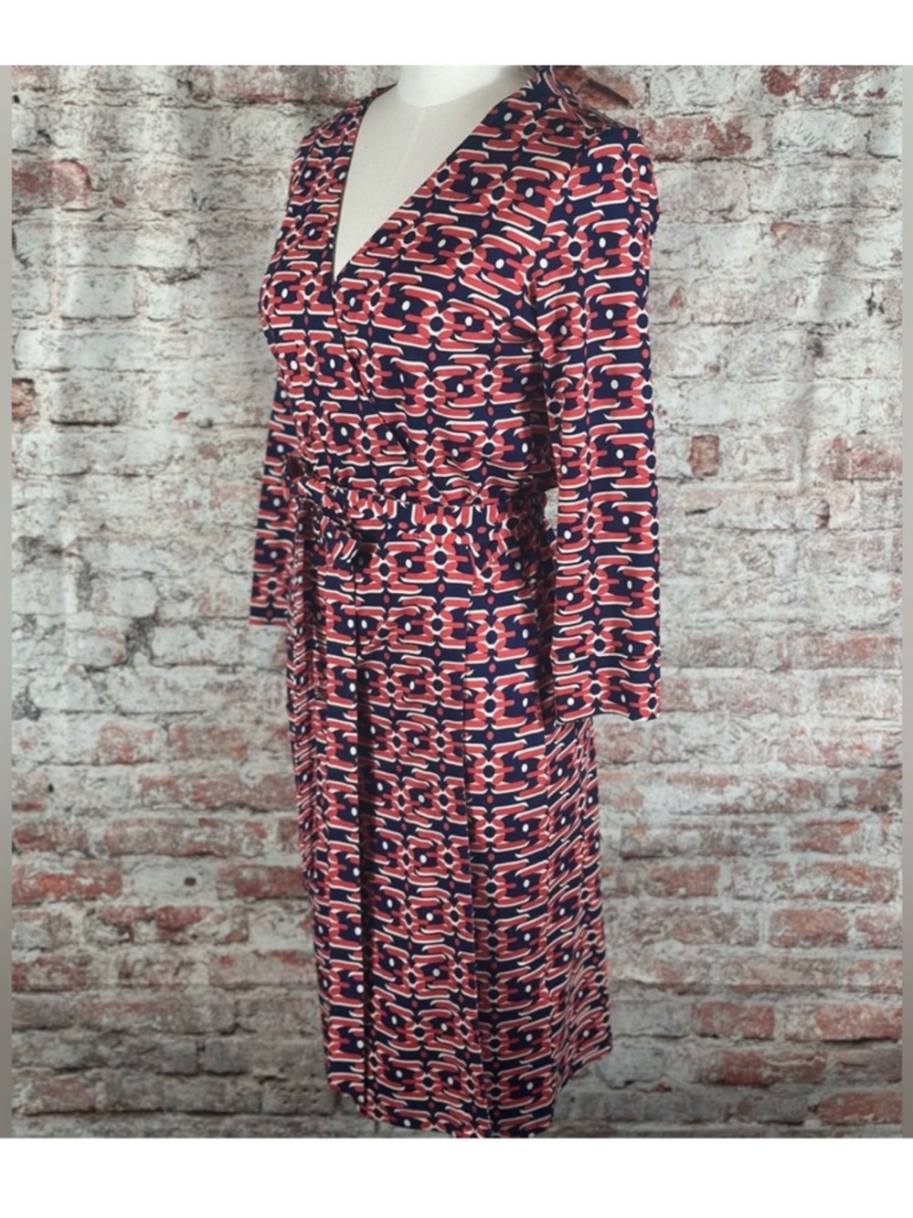 Felicity & Coco Navy and Coral Geometric Midi Wrap Dress